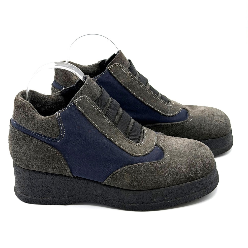 Fashion Bug Wedge Platform Suede Slip On Shoes Womens 7 Grey Navy Chunky Grunge